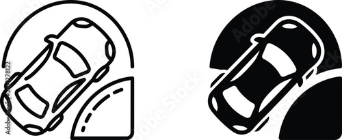 Car driving into tunnel icon set in outline and solid vector format