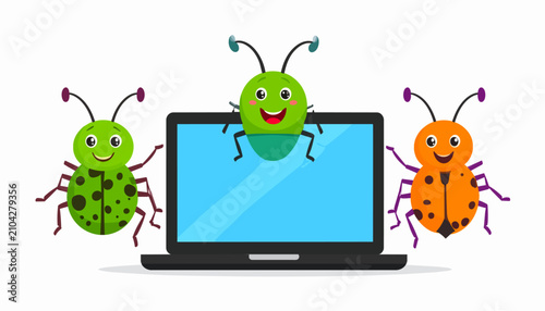 Cute cartoon bugs crawling on a laptop computer
