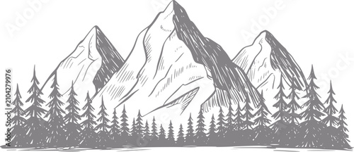 Obraz na płótnie Dibujo a mano de una cordillera detrás de un denso bosque de pinos en monocromo