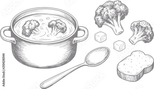 Obraz na płótnie Dibujo a mano de una olla de sopa de brócoli con floretes de brócoli frescos, pa