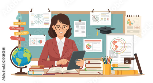 Female Teacher Sitting at Desk with Books and Globe.