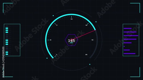 Futuristic digital speedometer interface with neon cyan and purple data visualization elements on dark grid background for gaming HUD design