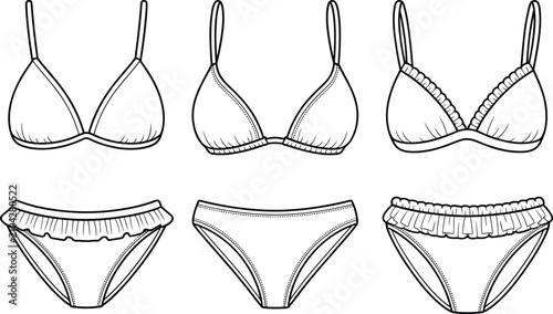 Cuadro en lienzo Bikini fashion flat sketch, swimwear technical drawing, ruffle trim bikini set,