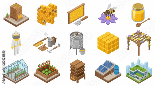 Bild auf Leinwand Isometric Beekeeping and Honey Production Scene.