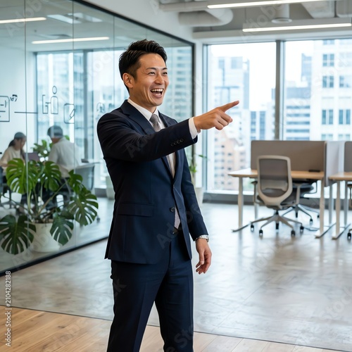 Asian businessman pointing and laughing in modern office, teamwork concept