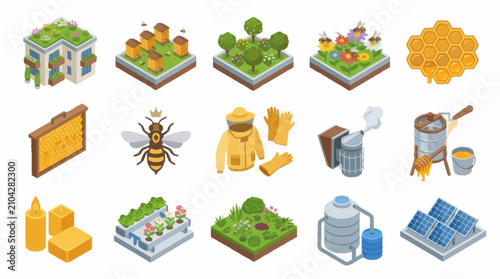 Tableau sur toile Colorful isometric beekeeping and honey production icons set.
