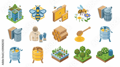 Photos Colorful flat vector icons of beekeeping and honey production.