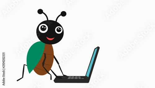 Friendly cartoon insect working on a laptop computer