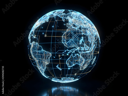 Earth globe displays a glowing digital network of interconnected lines and data points.