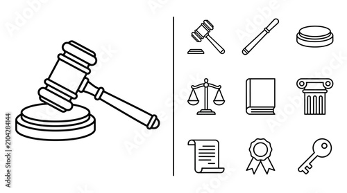 Law and Justice Icon Set with Gavel and Legal Symbols