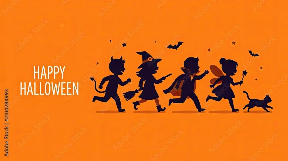 Obraz premium Happy halloween kids in costume trick or treating festive orange background