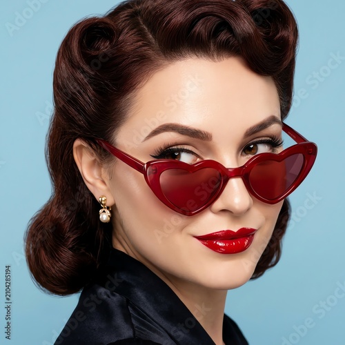 Retro Woman with Heart Sunglasses and Red Lipstick