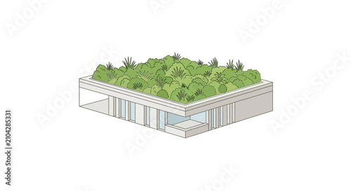 A modern architectural structure featuring a lush green roof with diverse vegetation.