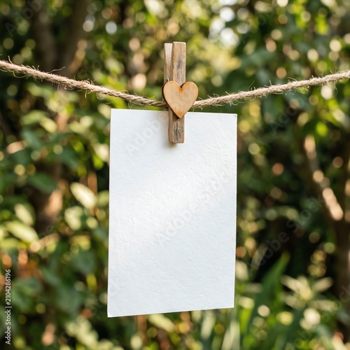 Blank paper card with wooden heart clip on clothesline, nature background
