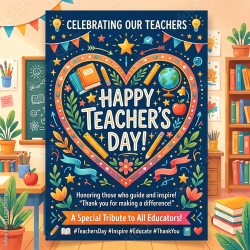 Happy Teacher's Day Heart Illustration with School Supplies and Decorations