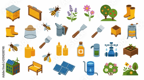 Photos Colorful flat icons of beekeeping and gardening tools.
