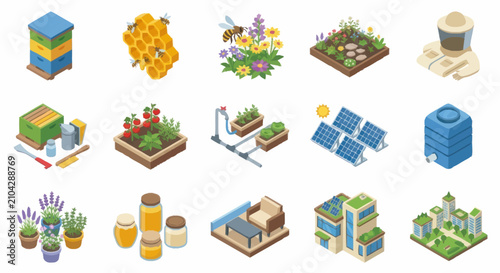 Isometric illustration of sustainable agriculture and eco friendly living.