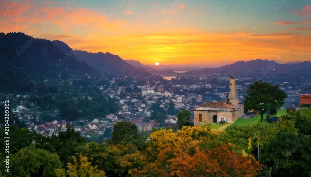Fototapeta premium Sunset Over Lugano - A Picturesque View of Swiss Beauty.