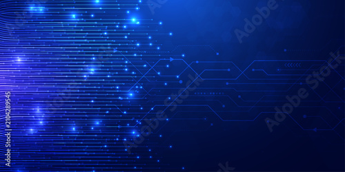 Foto Abstract blue digital background with glowing lights and intricate network patterns, suggesting data transmission
