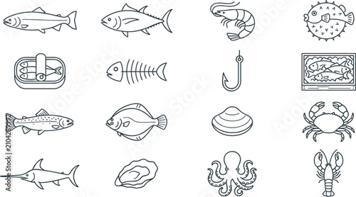 Seafood and Marine Animal Outline Icon Collection with Fish, Shrimp, Crab, Octopus, Oyster, Lobster, and Fresh Ocean Food Vector Set