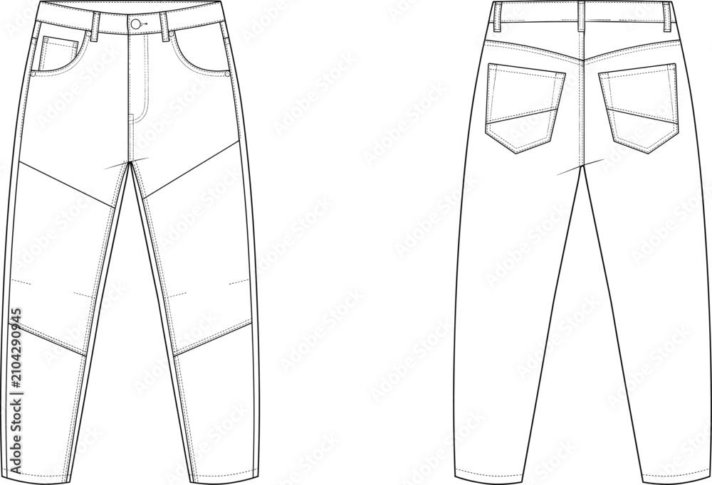 Obraz premium Men denim jeans with articulated knee panels technical flat fashion sketch front and back vector illustration template