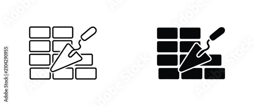 Bricklaying tools icon featuring trowel, brick wall, masonry, construction, renovation, line, and solid vector illustration