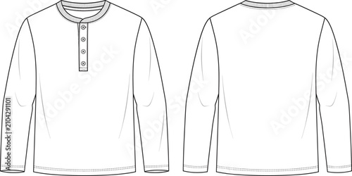 Men long sleeve henley shirt technical flat fashion sketch front and back view vector illustration template