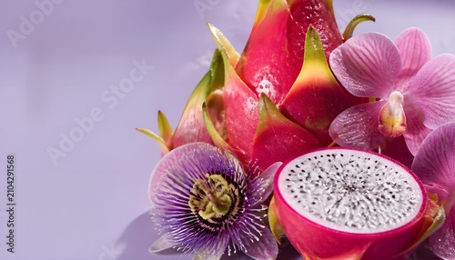 Exotic Tropical Fruits Composition with Fresh Pitaya Dragon Fruit Passionfruit and Orchid on Purple