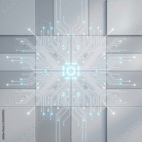 Abstract futuristic circuit board pattern with glowing blue lights on a geometric background.