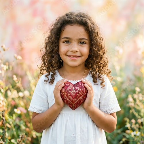 Cute girl holding a decorative heart, surrounded by flowers, smiling