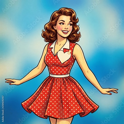 Retro Woman in Red Polka Dot Dress, 1950s Style, Smiling, Blue Sky Background