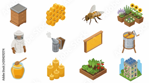 Foto Colorful flat vector icons of beekeeping and honey production.