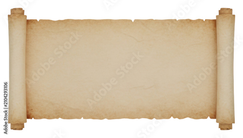 Horizontal blank parchment scroll with rolled edges and aged texture suspended over a transparent background with soft shadows. Historical template concept