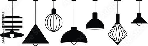 Tableau sur toile Modern ceiling lamps vector collection featuring diverse hanging pendant light fixtures in black minimalist shapes for contemporary interior design concepts