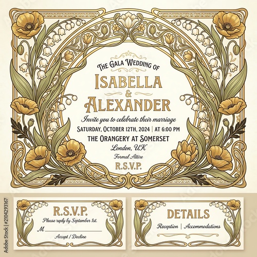 Art Nouveau Wedding Invitation Suite with Floral Border and Elegant Typography
