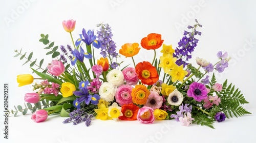 A vibrant and colorful arrangement of spring flowers, including tulips, irises, poppies, and ranunculus, presented on a white background. This bouquet evokes a sense of joy and renewal.