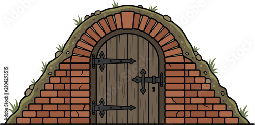Underground root cellar graphic displaying medieval arched wooden doorway built into brick mound covered with green grass