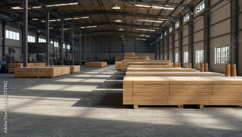 Spacious industrial warehouse interior filled with stacks of lumber on pallets