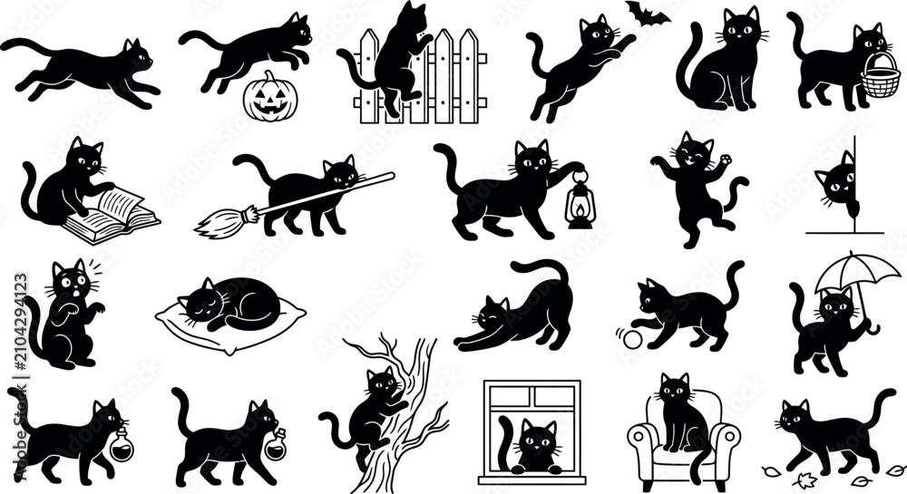 Fototapeta premium Cozy Home Black Cat Silhouette Vector Illustration with Armchair Window and Climbing Tree Halloween Design