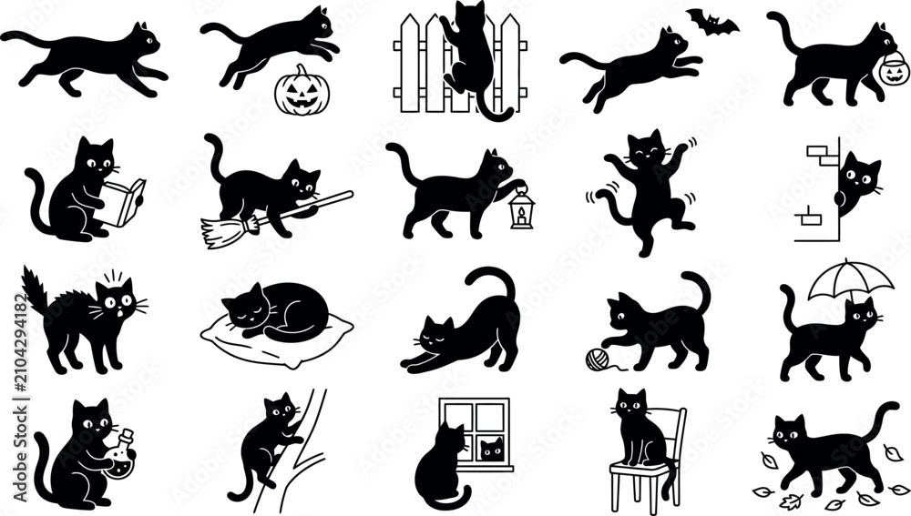 Fototapeta premium Black Cat with Everyday Object Vector Illustration Silhouette Set Featuring Candy Bucket Fence and Spellbook Design