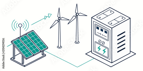 Renewable energy sources including solar panels and wind turbines connected to a power storage unit with eco friendly power generation sustainable energy green technology renewable resources