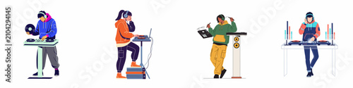 Bild auf Leinwand Collection of Diverse DJs and Musicians Performing with Professional Audio Equipment, Turntables, and Mixers in a Vibrant Flat Illustration Style