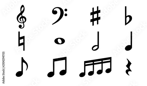 Fotografía Classical music notes and notation symbols vector set featuring treble clef bass clef sharp flat natural eighth half and quarter notes isolated on white