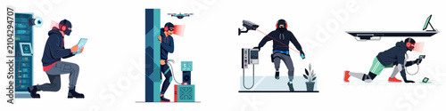 Tableau sur toile Set of high-tech thief and spy characters performing cybercrime, data theft, and security bypass using advanced gadgets in various industrial espionage scenarios