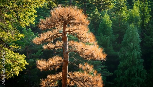 Light Brown Tree Of Withering Pine On A Background Of Green Leaves Natural Light Sunny Day Natural Background Forest Wild Nature Spring Summer Vertical Lines
