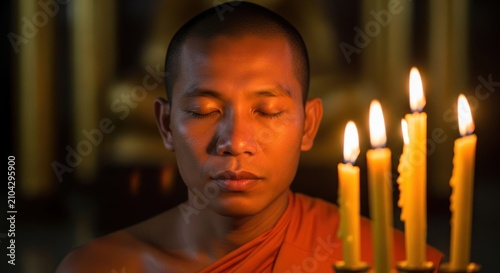 Buddhist monk meditating with candles.