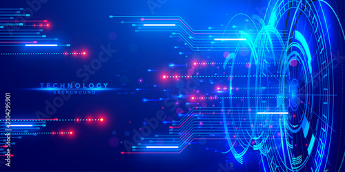 Abstract technology background with glowing circuit lines and futuristic digital interface elements.