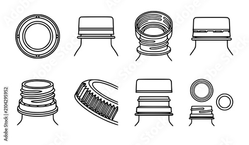 Bild auf Leinwand Plastic Bottle Cap and Threaded Neck Line Icon Set with Tamper Evident Safety Ri