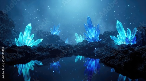 Glowing blue crystals in a dark mystical cave.