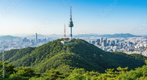 Seoul Namsan Tower and Cityscape Panorama.